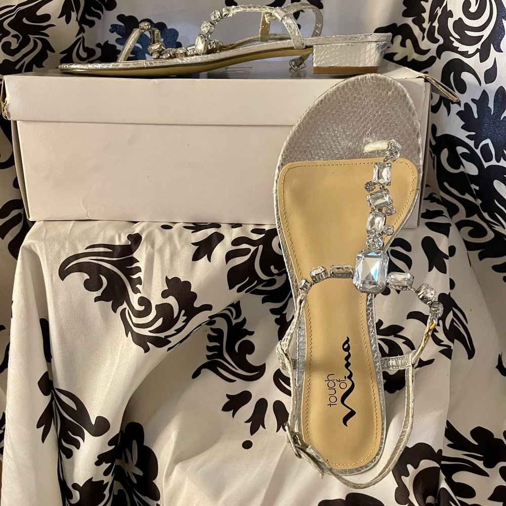 David's Bridal Silver Sandals with Crystal Embellishments, Size 8 1/2